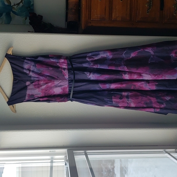 Neiman Marcus Lela Rose High Low Purple Flower Watercolor Dress Leather Belt - Picture 6 of 7